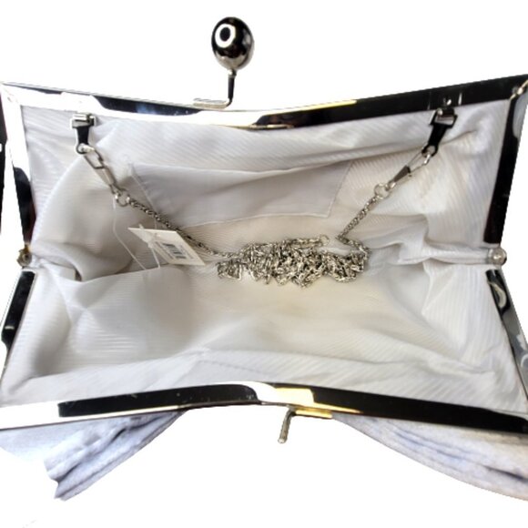 Silver Satin Glitter Evening Purse With Large Bow and Rhinestone Studded Accent - Picture 2 of 12
